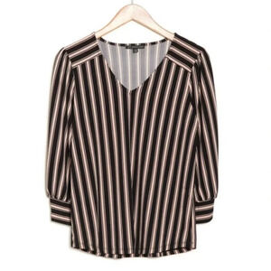 ADRIANNA PAPELL Printed 3/4 Length Sleeve Top BLACK CHAMPAGNE FAR STRIPE, Medium